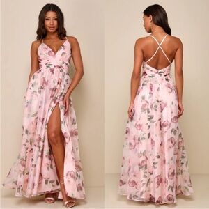 Lulu's Romance That Wows Blush Floral Print Organza Maxi Dress XS Wedding Party‎